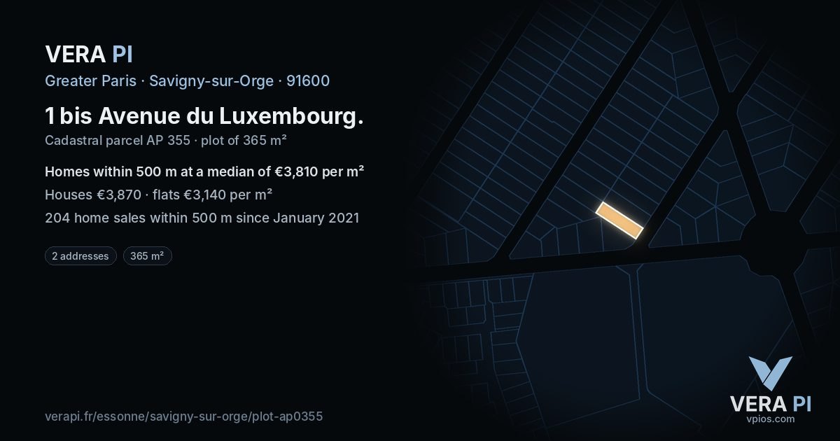 1 bis Avenue du Luxembourg, Savigny-sur-Orge at night – the plot lit, the parcels around coloured by the prices near them