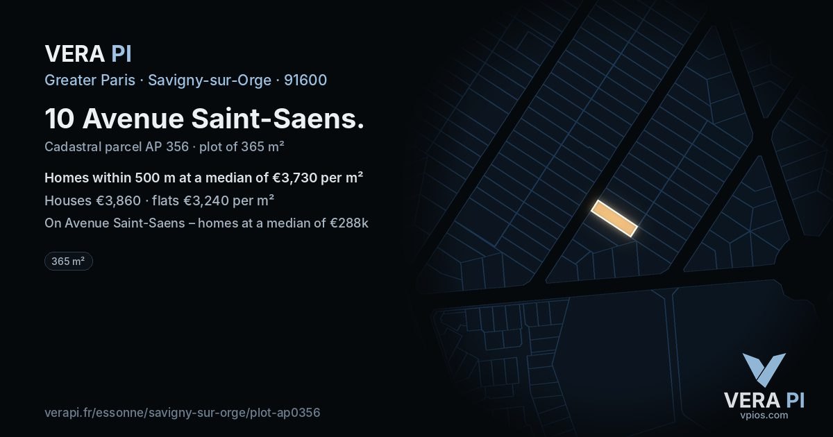 10 Avenue Saint-Saens, Savigny-sur-Orge at night – the plot lit, the parcels around coloured by the prices near them