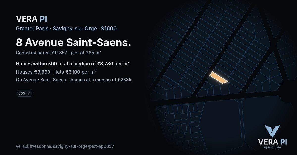 8 Avenue Saint-Saens, Savigny-sur-Orge at night – the plot lit, the parcels around coloured by the prices near them