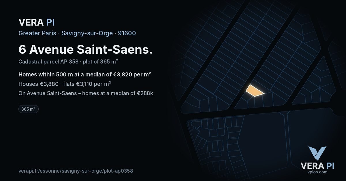 6 Avenue Saint-Saens, Savigny-sur-Orge at night – the plot lit, the parcels around coloured by the prices near them