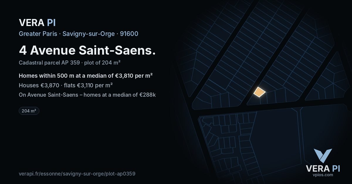 4 Avenue Saint-Saens, Savigny-sur-Orge at night – the plot lit, the parcels around coloured by the prices near them