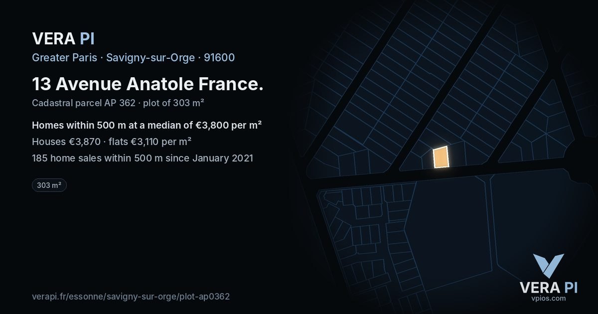 13 Avenue Anatole France, Savigny-sur-Orge at night – the plot lit, the parcels around coloured by the prices near them