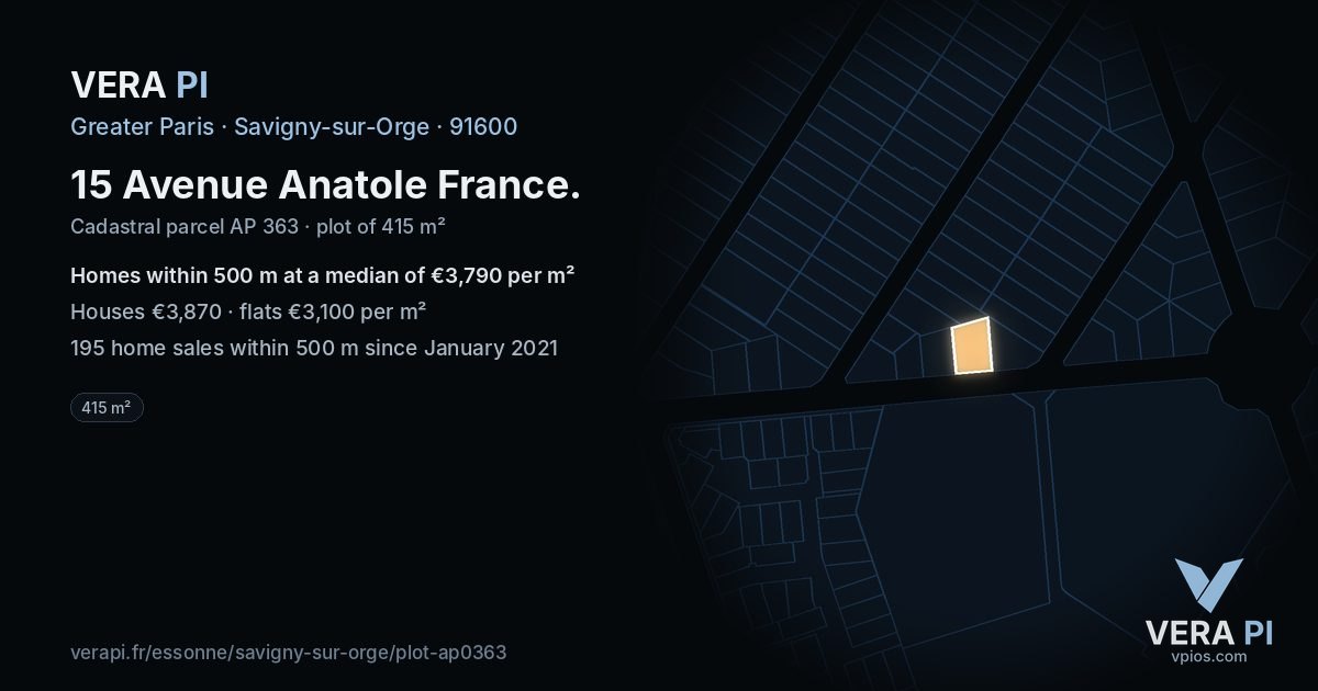 15 Avenue Anatole France, Savigny-sur-Orge at night – the plot lit, the parcels around coloured by the prices near them