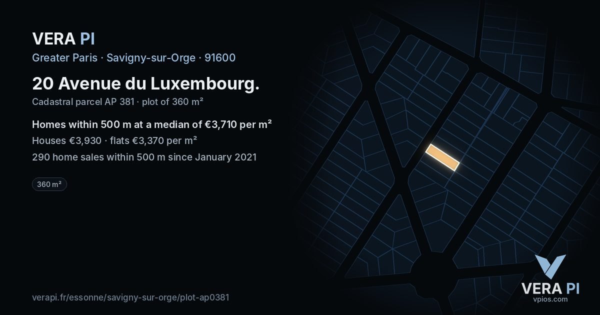 20 Avenue du Luxembourg, Savigny-sur-Orge at night – the plot lit, the parcels around coloured by the prices near them