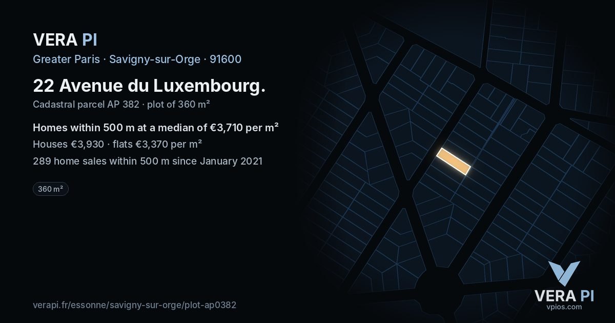 22 Avenue du Luxembourg, Savigny-sur-Orge at night – the plot lit, the parcels around coloured by the prices near them