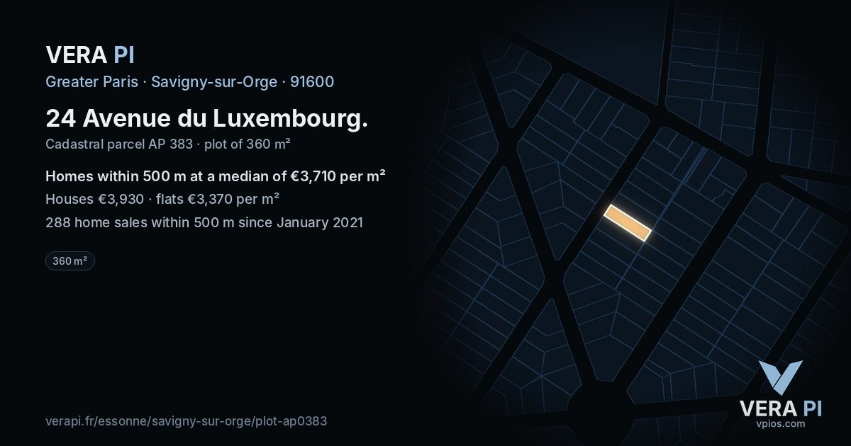 24 Avenue du Luxembourg, Savigny-sur-Orge at night – the plot lit, the parcels around coloured by the prices near them