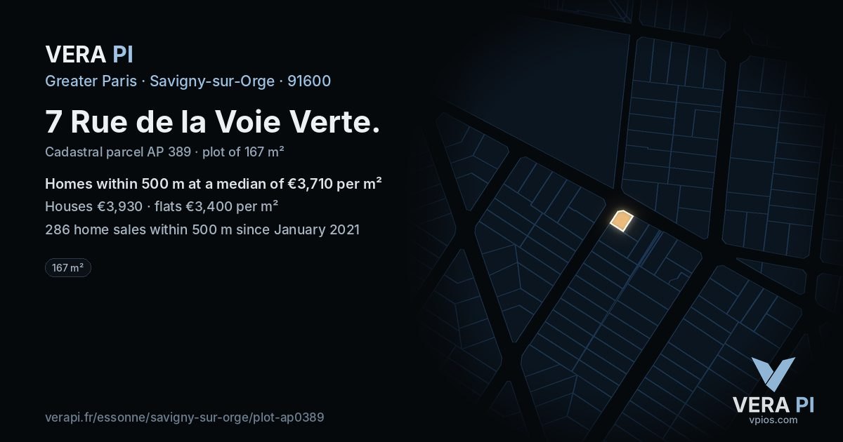 7 Rue de la Voie Verte, Savigny-sur-Orge at night – the plot lit, the parcels around coloured by the prices near them