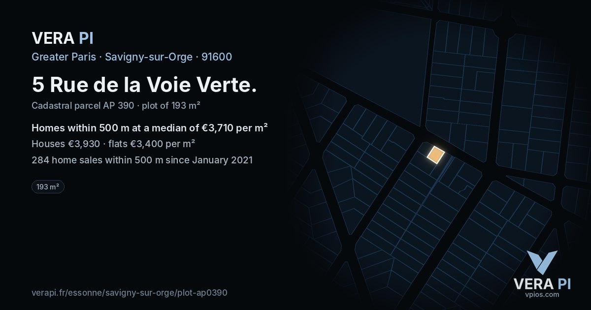 5 Rue de la Voie Verte, Savigny-sur-Orge at night – the plot lit, the parcels around coloured by the prices near them