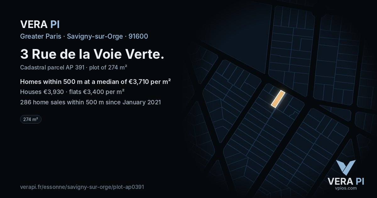 3 Rue de la Voie Verte, Savigny-sur-Orge at night – the plot lit, the parcels around coloured by the prices near them
