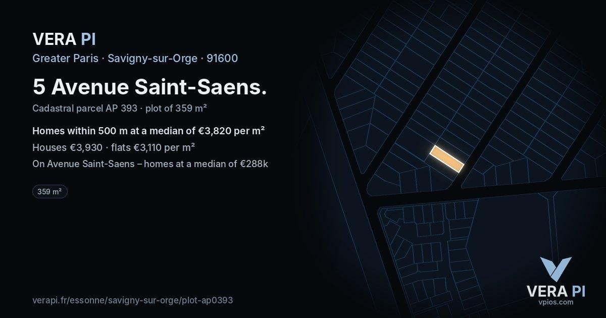5 Avenue Saint-Saens, Savigny-sur-Orge at night – the plot lit, the parcels around coloured by the prices near them