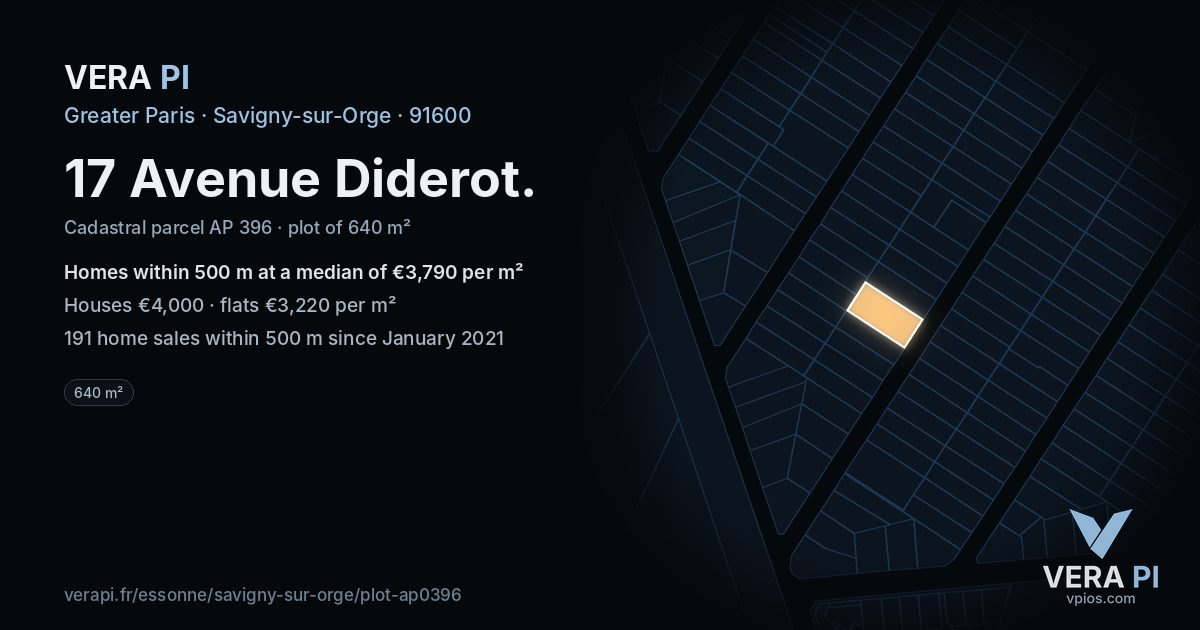 17 Avenue Diderot, Savigny-sur-Orge at night – the plot lit, the parcels around coloured by the prices near them