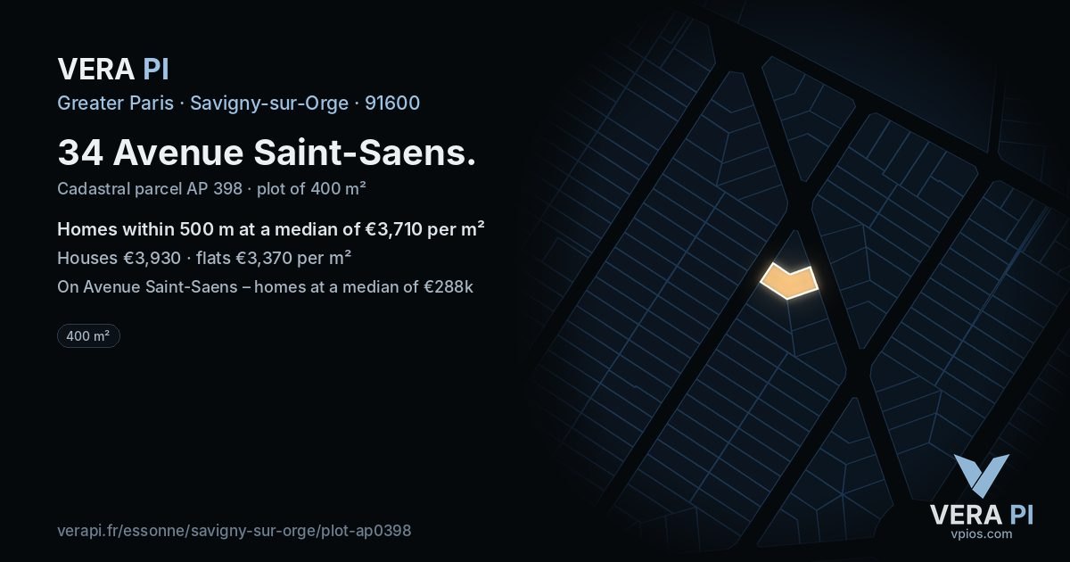 34 Avenue Saint-Saens, Savigny-sur-Orge at night – the plot lit, the parcels around coloured by the prices near them