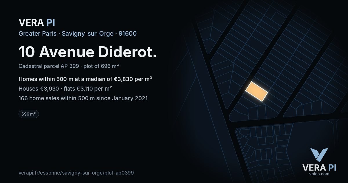 10 Avenue Diderot, Savigny-sur-Orge at night – the plot lit, the parcels around coloured by the prices near them