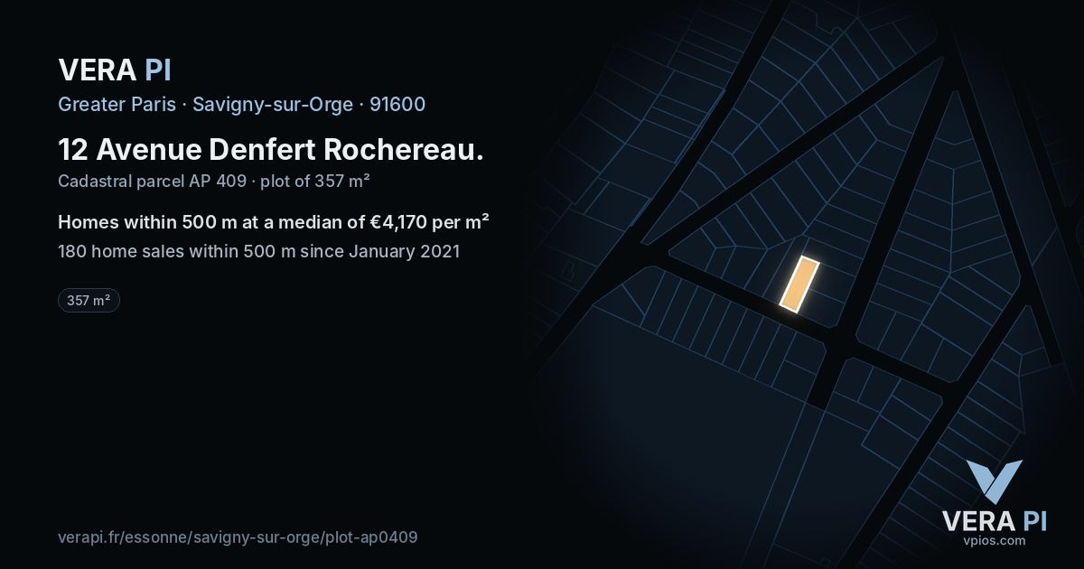 12 Avenue Denfert Rochereau, Savigny-sur-Orge at night – the plot lit, the parcels around coloured by the prices near them