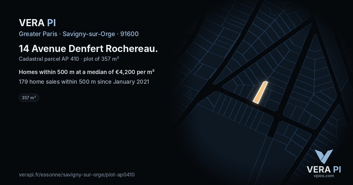 14 Avenue Denfert Rochereau, Savigny-sur-Orge at night – the plot lit, the parcels around coloured by the prices near them