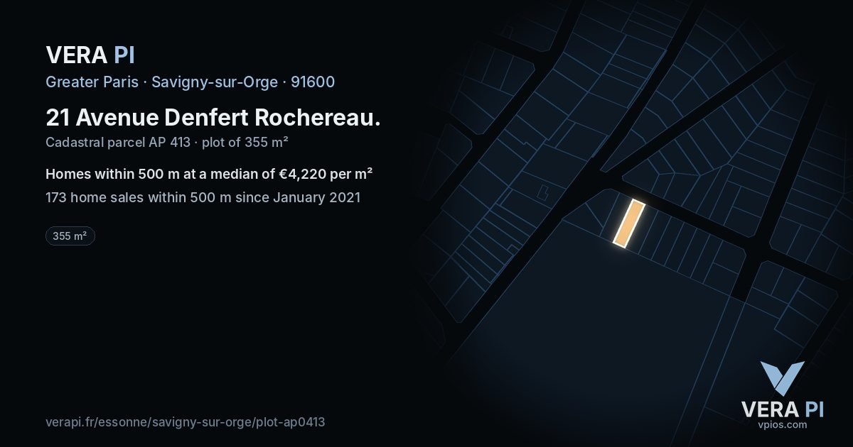 21 Avenue Denfert Rochereau, Savigny-sur-Orge at night – the plot lit, the parcels around coloured by the prices near them