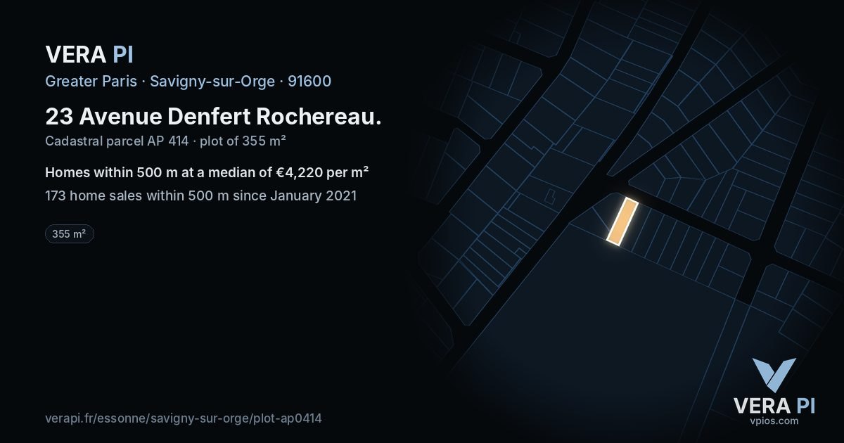 23 Avenue Denfert Rochereau, Savigny-sur-Orge at night – the plot lit, the parcels around coloured by the prices near them