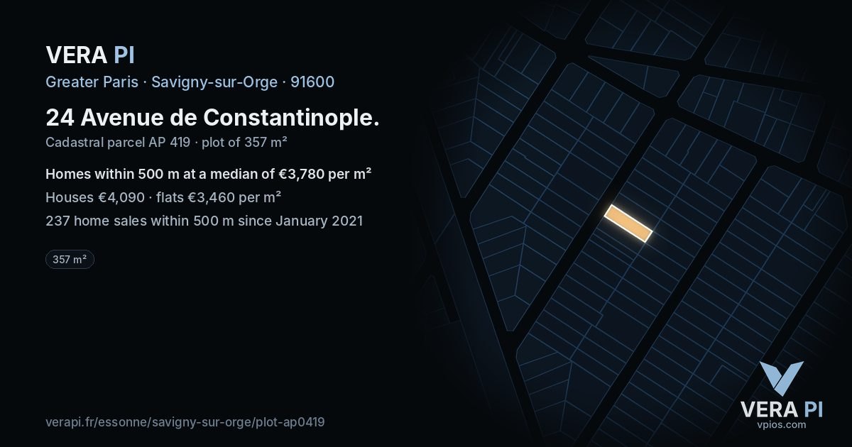 24 Avenue de Constantinople, Savigny-sur-Orge at night – the plot lit, the parcels around coloured by the prices near them