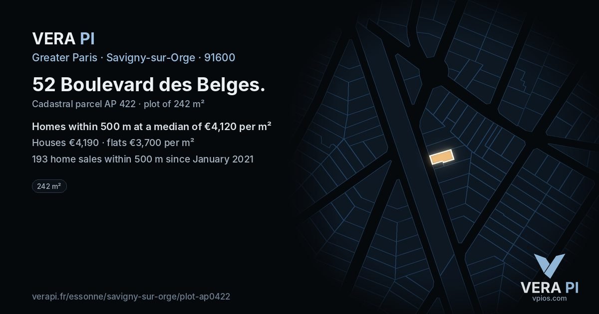 52 Boulevard des Belges, Savigny-sur-Orge at night – the plot lit, the parcels around coloured by the prices near them