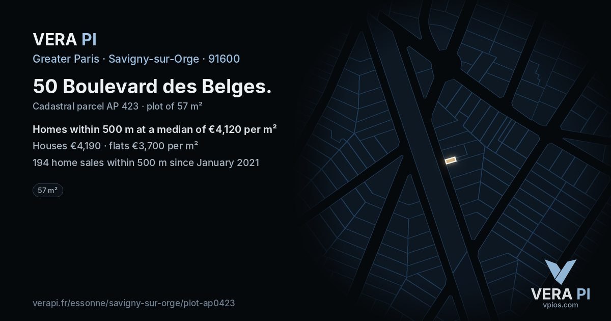 50 Boulevard des Belges, Savigny-sur-Orge at night – the plot lit, the parcels around coloured by the prices near them