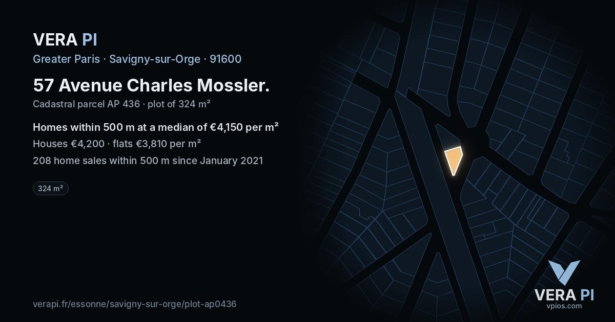 57 Avenue Charles Mossler, Savigny-sur-Orge at night – the plot lit, the parcels around coloured by the prices near them