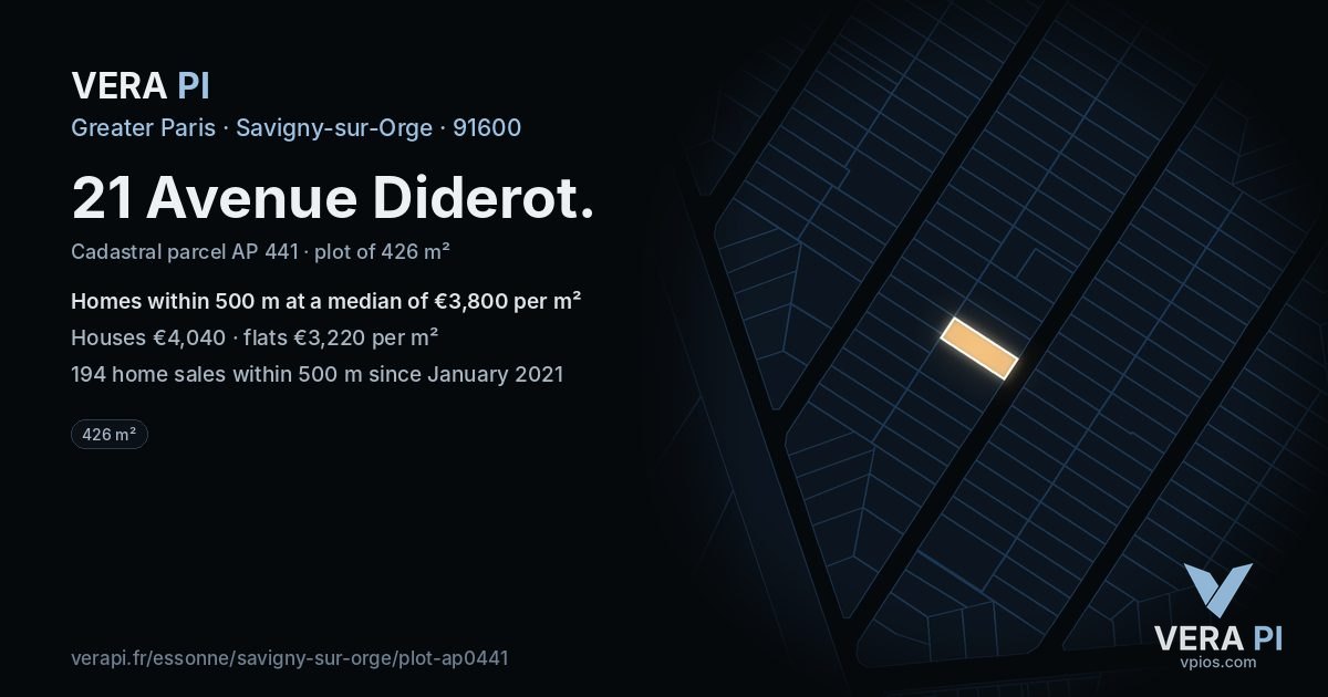 21 Avenue Diderot, Savigny-sur-Orge at night – the plot lit, the parcels around coloured by the prices near them