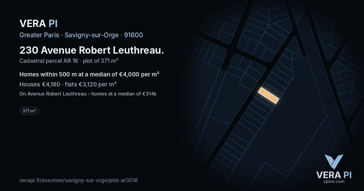 230 Avenue Robert Leuthreau, Savigny-sur-Orge at night – the plot lit, the parcels around coloured by the prices near them
