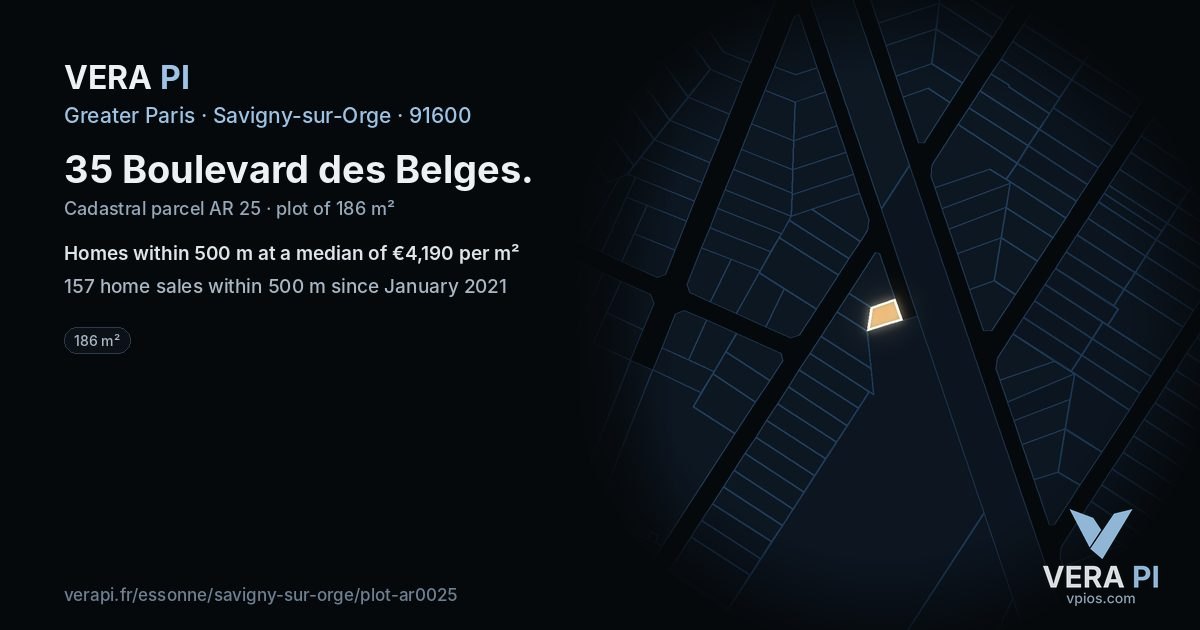 35 Boulevard des Belges, Savigny-sur-Orge at night – the plot lit, the parcels around coloured by the prices near them