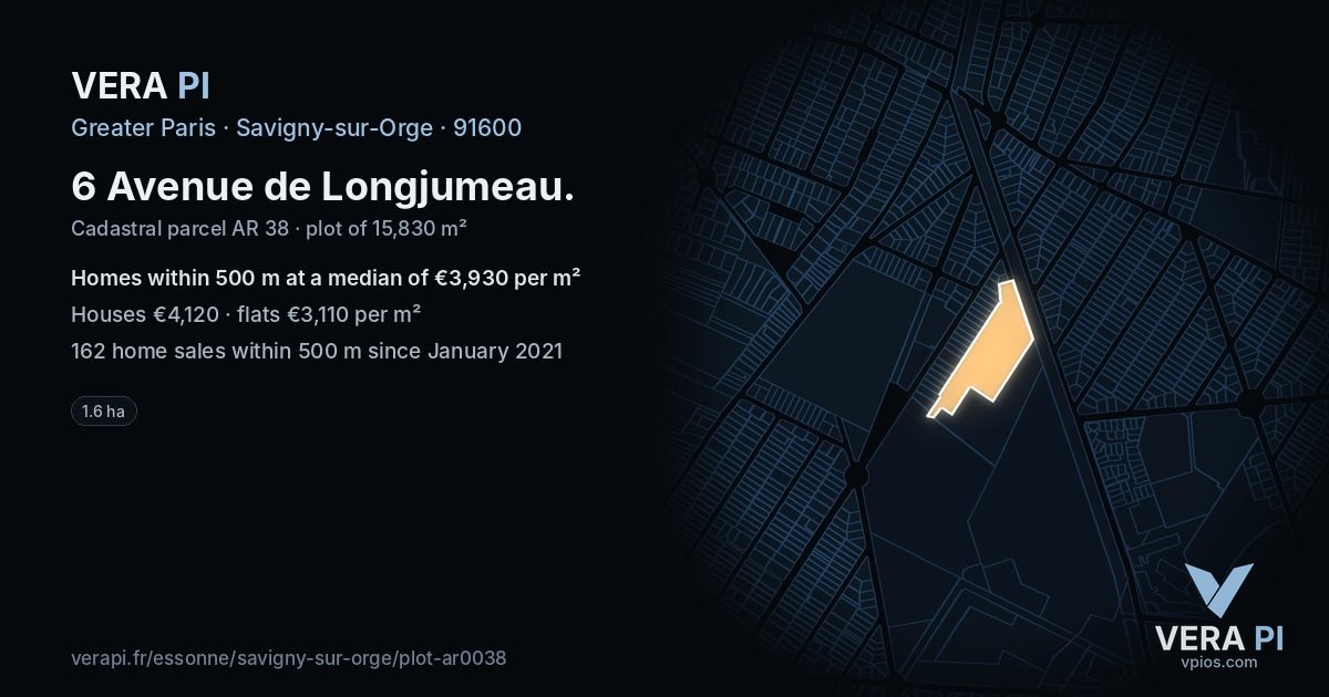 6 Avenue de Longjumeau, Savigny-sur-Orge at night – the plot lit, the parcels around coloured by the prices near them