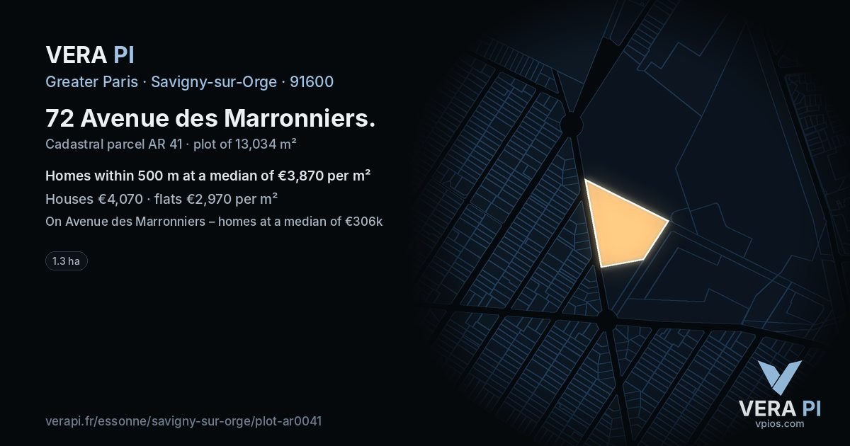 72 Avenue des Marronniers, Savigny-sur-Orge at night – the plot lit, the parcels around coloured by the prices near them