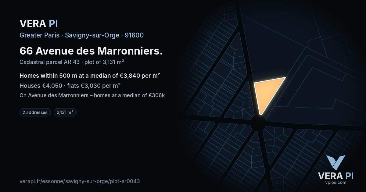 66 Avenue des Marronniers, Savigny-sur-Orge at night – the plot lit, the parcels around coloured by the prices near them
