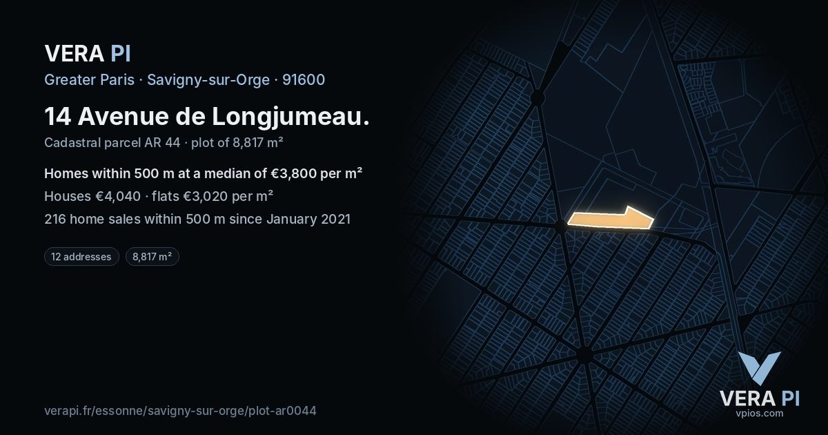 14 Avenue de Longjumeau, Savigny-sur-Orge at night – the plot lit, the parcels around coloured by the prices near them