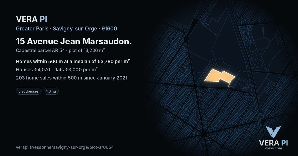 15 Avenue Jean Marsaudon, Savigny-sur-Orge at night – the plot lit, the parcels around coloured by the prices near them