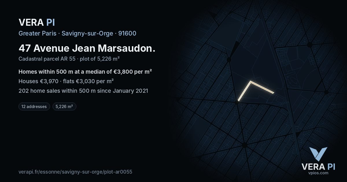 47 Avenue Jean Marsaudon, Savigny-sur-Orge at night – the plot lit, the parcels around coloured by the prices near them