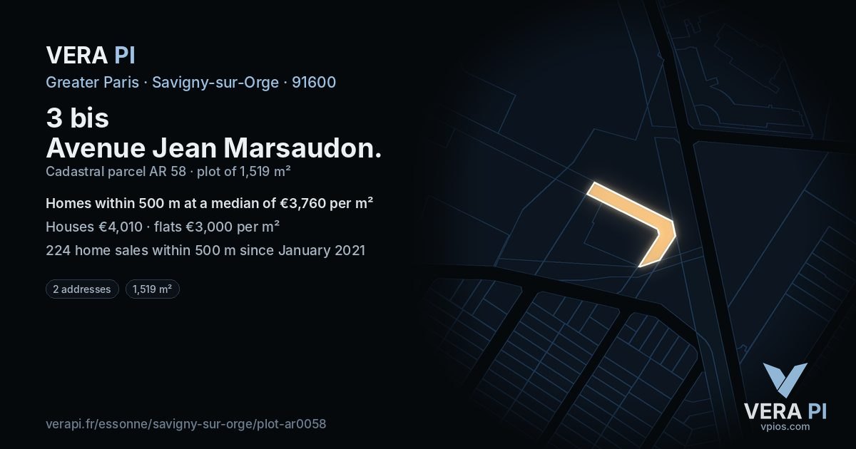 3 bis Avenue Jean Marsaudon, Savigny-sur-Orge at night – the plot lit, the parcels around coloured by the prices near them