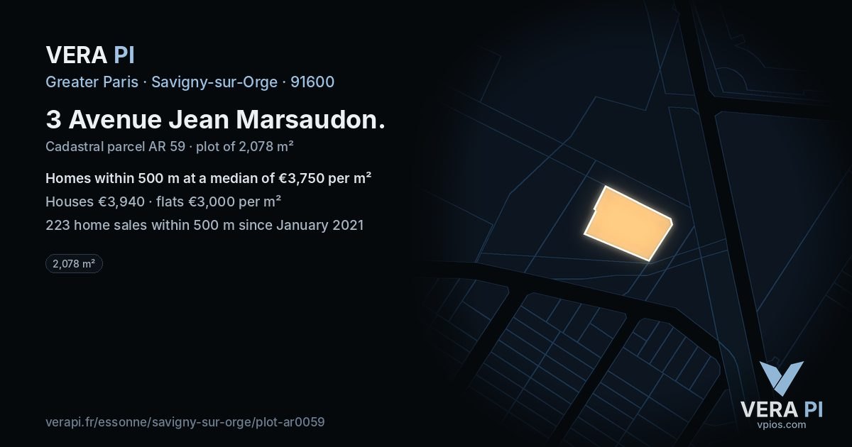 3 Avenue Jean Marsaudon, Savigny-sur-Orge at night – the plot lit, the parcels around coloured by the prices near them
