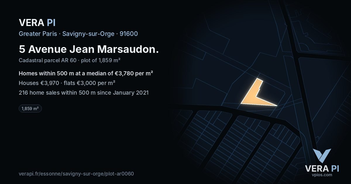 5 Avenue Jean Marsaudon, Savigny-sur-Orge at night – the plot lit, the parcels around coloured by the prices near them