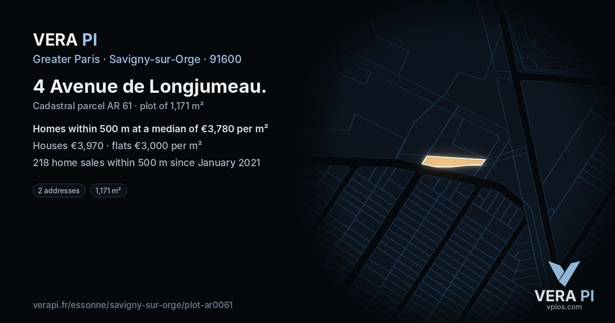 4 Avenue de Longjumeau, Savigny-sur-Orge at night – the plot lit, the parcels around coloured by the prices near them