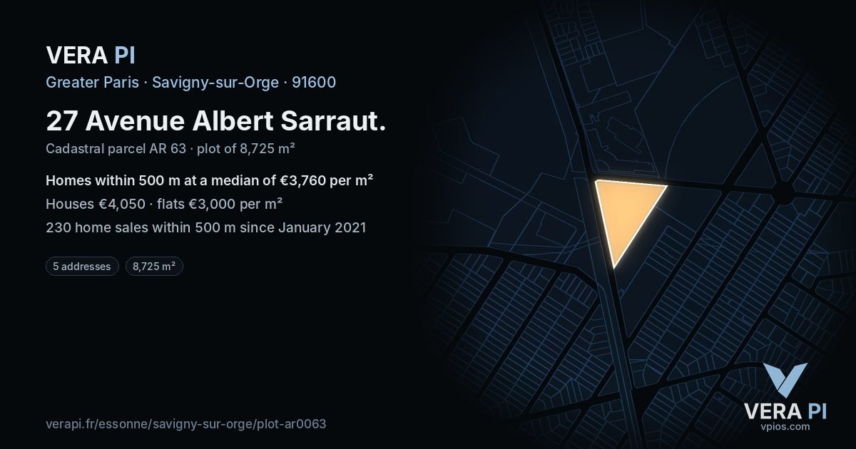 27 Avenue Albert Sarraut, Savigny-sur-Orge at night – the plot lit, the parcels around coloured by the prices near them