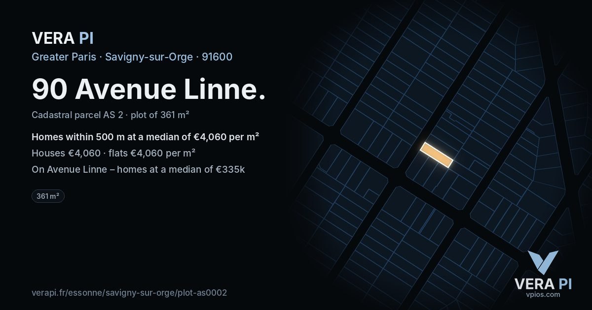 90 Avenue Linne, Savigny-sur-Orge at night – the plot lit, the parcels around coloured by the prices near them