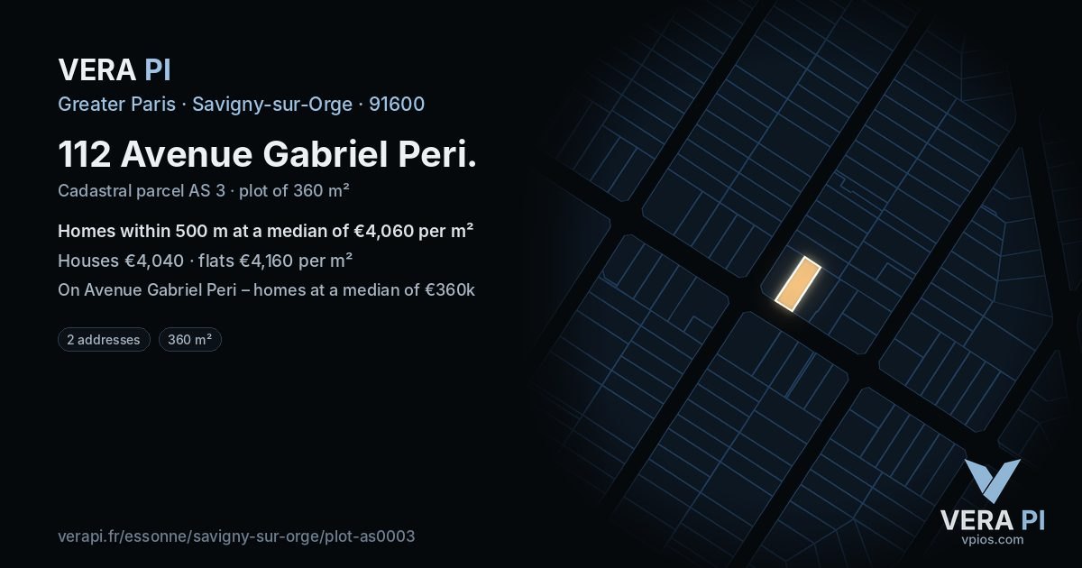 112 Avenue Gabriel Peri, Savigny-sur-Orge at night – the plot lit, the parcels around coloured by the prices near them