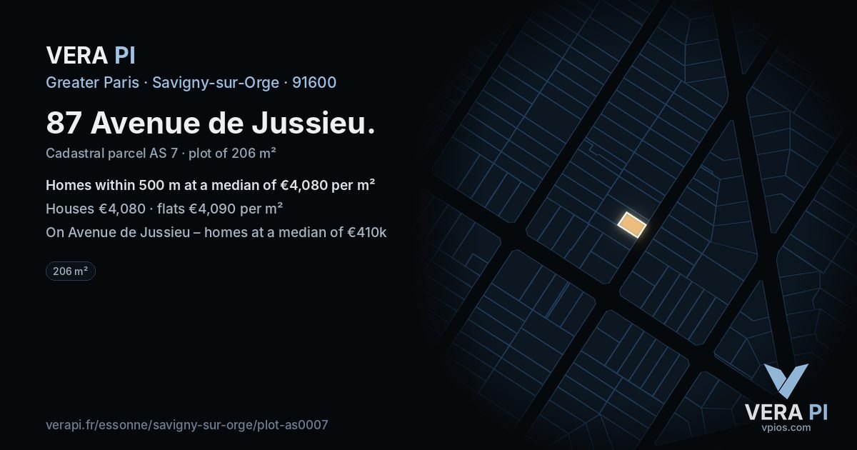 87 Avenue de Jussieu, Savigny-sur-Orge at night – the plot lit, the parcels around coloured by the prices near them