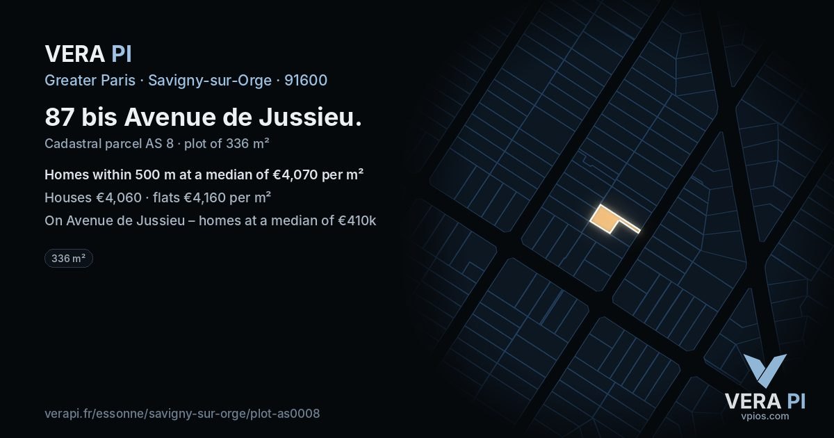 87 bis Avenue de Jussieu, Savigny-sur-Orge at night – the plot lit, the parcels around coloured by the prices near them