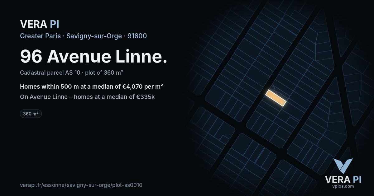 96 Avenue Linne, Savigny-sur-Orge at night – the plot lit, the parcels around coloured by the prices near them