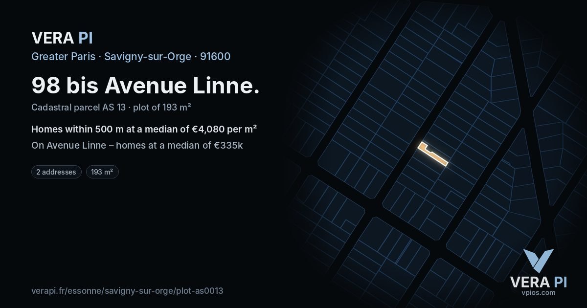 98 bis Avenue Linne, Savigny-sur-Orge at night – the plot lit, the parcels around coloured by the prices near them
