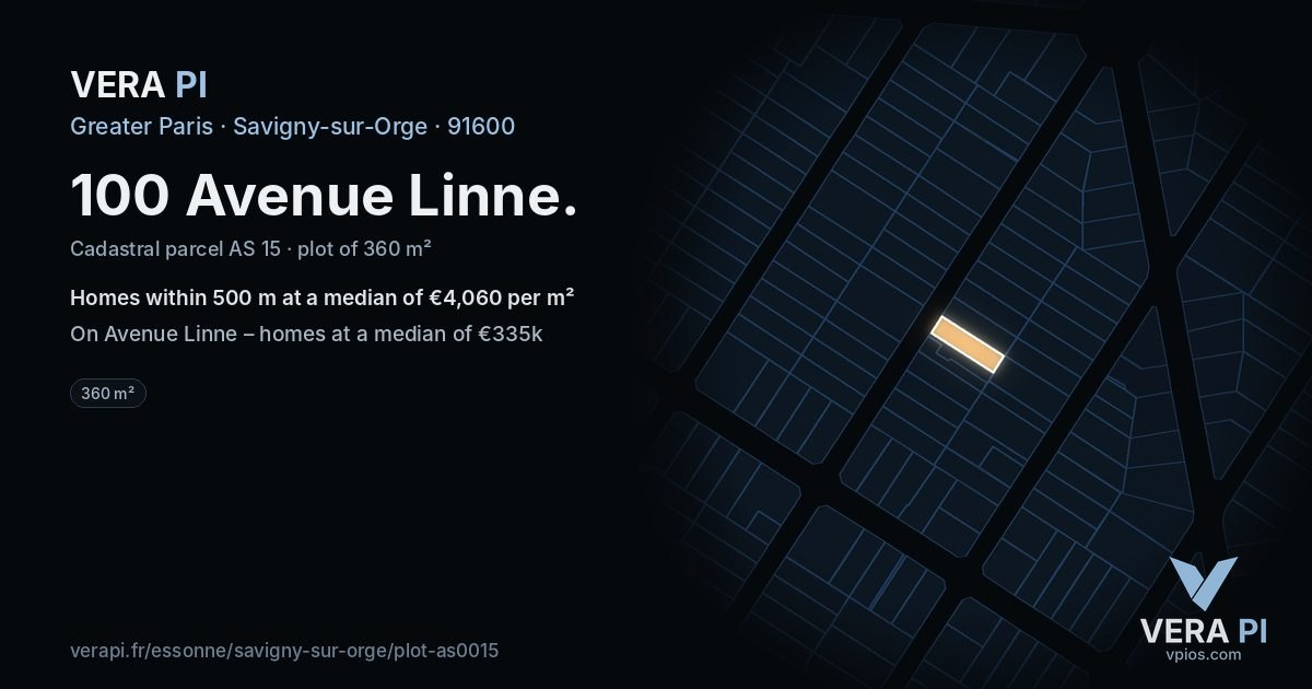100 Avenue Linne, Savigny-sur-Orge at night – the plot lit, the parcels around coloured by the prices near them