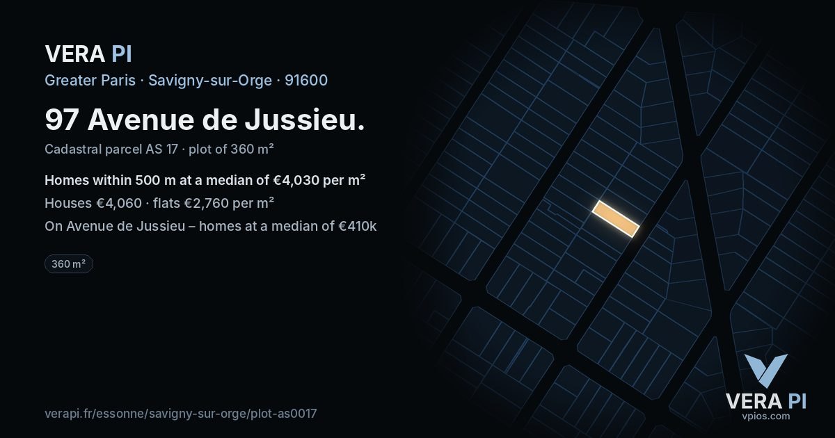 97 Avenue de Jussieu, Savigny-sur-Orge at night – the plot lit, the parcels around coloured by the prices near them