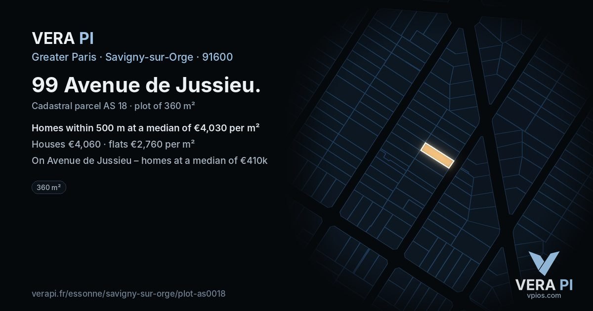 99 Avenue de Jussieu, Savigny-sur-Orge at night – the plot lit, the parcels around coloured by the prices near them