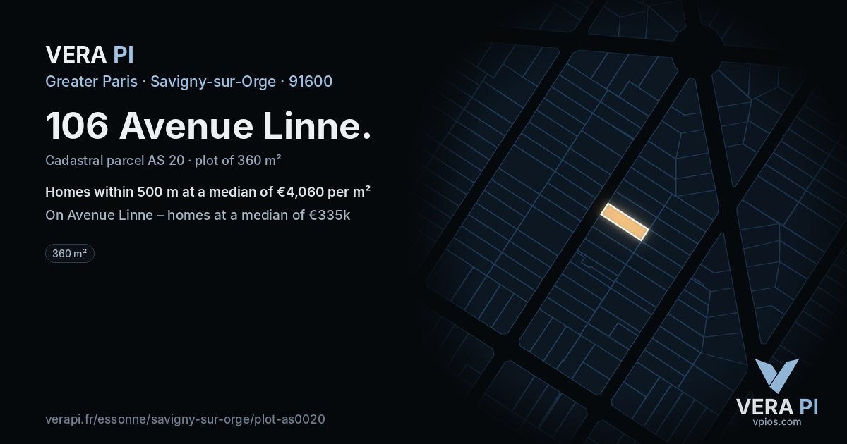 106 Avenue Linne, Savigny-sur-Orge at night – the plot lit, the parcels around coloured by the prices near them