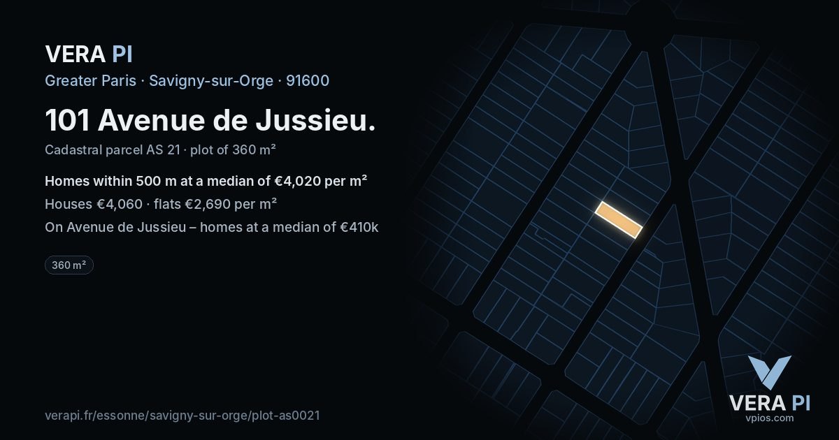 101 Avenue de Jussieu, Savigny-sur-Orge at night – the plot lit, the parcels around coloured by the prices near them